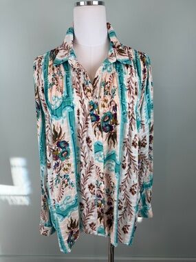 Jane & Delancey Whimsical Teal Floral Button-Up A-Line relaxed Blouse size L